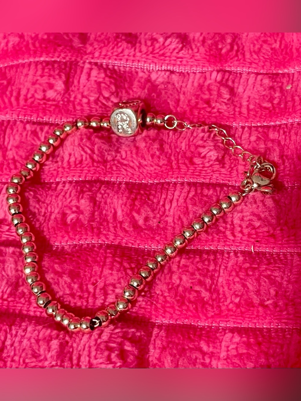 Gold Beaded Bracelet Crystal Accent “R” one side “Crystal Outline Heart” other.